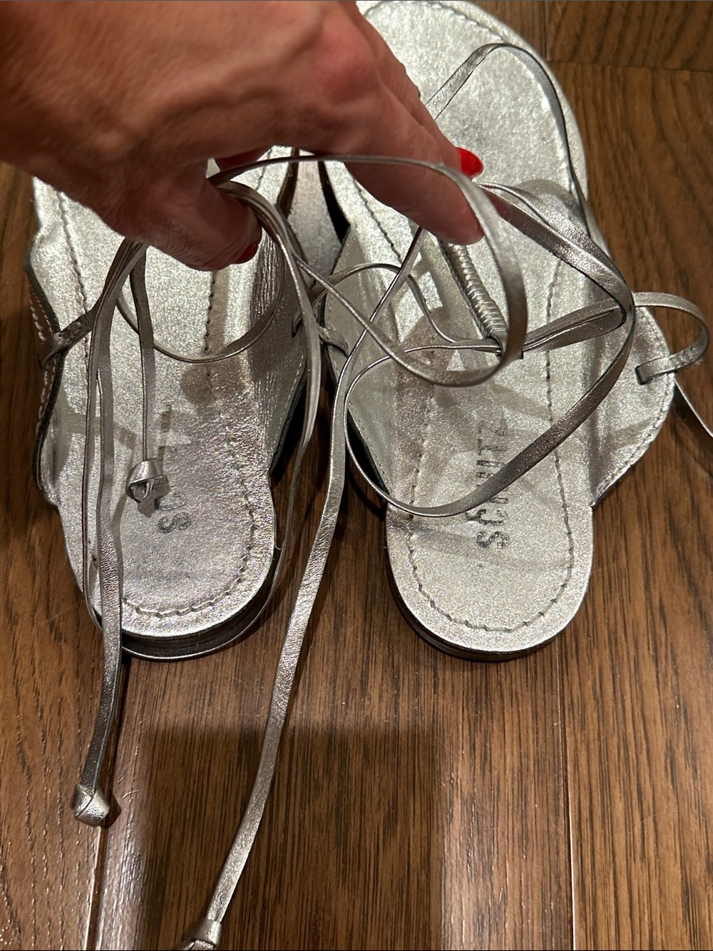 Schutz. Silver Strappy Lace-Up Women's Sandals - Picture 5 of 6